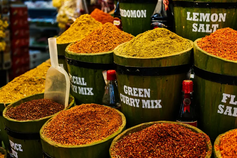Paspatur Bazaar spice vendors and colorful shops